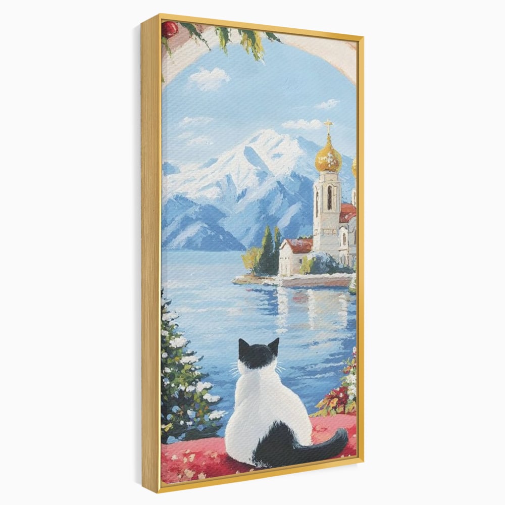 Tablou canvas cu tablou canvas cu pisica privind spre munte, in rama de aluminiu auriu